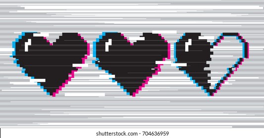 Vector pixel art 8 bit style hearts for game. Black stylized illustration with concept of spendable lives game mode. Two full hearts and one in half with glitch VHS effect.