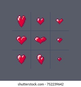 Vector pixel art 8 bit style hearts different forms. Icon set illustration.