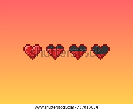 Vector pixel art 8 bit style hearts for game. Icon set illustration with concept of spendable lives game mode.