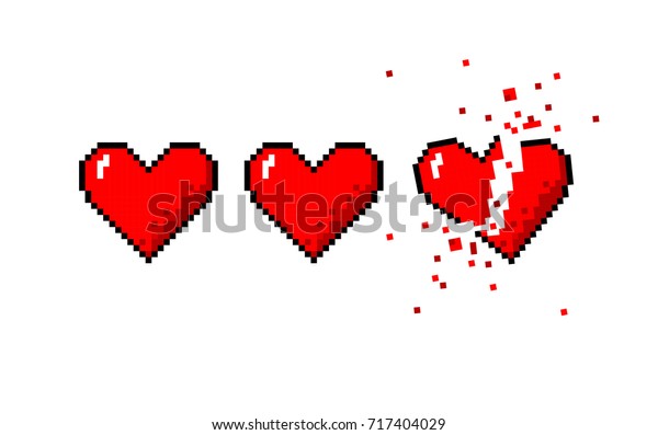 Vector\
pixel art 8 bit style hearts for game. Colorful stylized\
illustration with concept of spendable lives game mode or human\
health. Two full hearts and heart broken\
apart