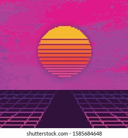 Vector pixel art of 80s Retro sci-Fi background. Synthwave, Vaporwave, Retrowave. Pixel art background. 8bit