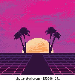 Vector pixel art of 80s Retro sci-Fi background. Synthwave, Vaporwave, Retrowave. Pixel art background. 8bit