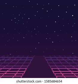Vector pixel art of 80s Retro sci-Fi background. Synthwave, Vaporwave, Retrowave. Pixel art background. 8bit