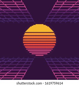 Vector pixel art of 80s Retro sci-Fi background. Pixel art background. 8bit. Planet in space. Retro game design interface. Retro computer stars for template or design element with pixel theme.