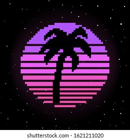 Vector Pixel Art Of 80s Retro Sci-Fi Background. Pixel Art Background. 8bit. Planet In Space. Retro Game Design Interface. Retro Wave Computer Stars For Template Or Design Element With Pixel Theme.