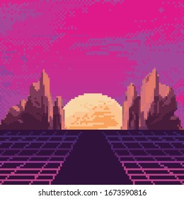 Vector Pixel Art Of 80s Retro Sci-Fi Background. Synthwave, Vaporwave, Retrowave. Pixel Art Background With Mountains. 8bit