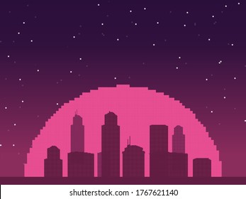 Vector pixel art of 80s Retro sci-Fi background. Pixel art background. 8bit