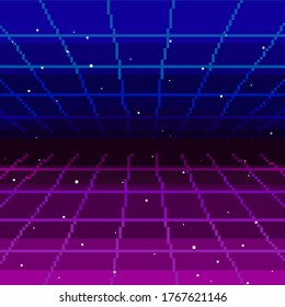 Vector Pixel Art Of 80s Retro Sci-Fi Background. Pixel Art Background. 8bit