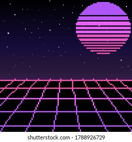 Vector pixel art of 80s Retro sci-Fi background. Pixel art background. 8bit