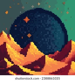 Vector pixel art of 80s Retro sci-Fi background. Synthwave, Vaporwave, Retrowave. Pixel art background with mountains. 8bit old school