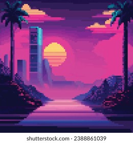 Vector pixel art of 80s Retro sci-Fi background. Synthwave, Vaporwave, Retrowave. Pixel art background with mountains. 8bit old school