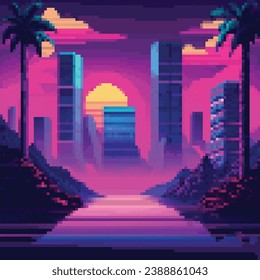 Vector pixel art of 80s Retro sci-Fi background. Synthwave, Vaporwave, Retrowave. Pixel art background with mountains. 8bit old school