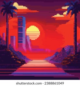 Vector pixel art of 80s Retro sci-Fi background. Synthwave, Vaporwave, Retrowave. Pixel art background with mountains. 8bit old school
