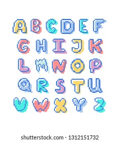 Vector pixel art 8bit abc alphabet with blue outline and colorful offset fill. Kids fun learning letters concept