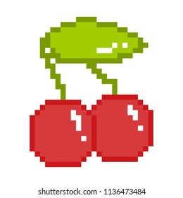 Vector pixel art 8bit illustration of two cherries isolated on white.