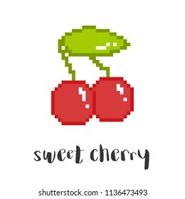 Vector pixel art 8bit illustration of two cherries isolated on white. Sweet cherry phrase below
