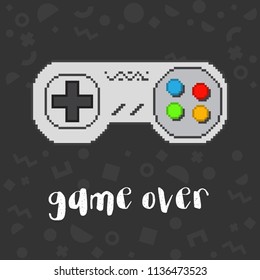 Vector pixel art 8bit illustration of a retro video game controller and phrase game over. Black background with trendy geometric pattern