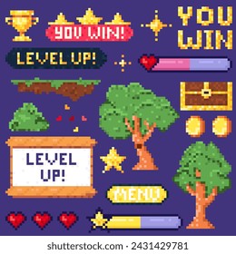 Vector Pixel Art 8-bit. Level up with character animation game design. Retro 80s - 90s style video game sprites. Retro video game interface elements