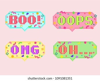 Vector pixel art 8bit set of four stikers. Pixel dialog cloud and font with modern geometric decor. Creative conversation/chat and messenger sticker.