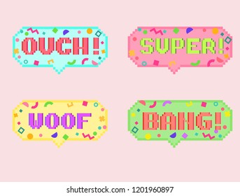 Vector pixel art 8bit set of four stikers. Pixel dialog cloud and font with modern geometric decor. Creative conversation chat and messenger sticker.