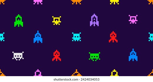 Vector Pixel Art 8-bit space arcade style seamless pattern colorful retro video game icons background of ufo aliens and spaceships