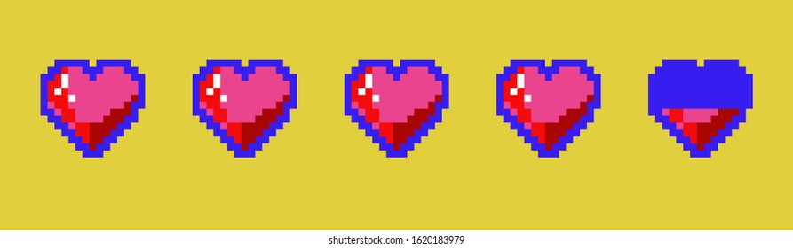 Vector pixel art 8-bit style hearts. Colorful stylized illustration with concept of spendable lives in game or human health.