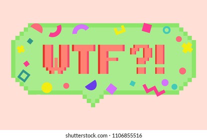 Vector pixel art 8bit wtf sticker. Pixel dialog cloud and font with modern geometric decor. Creative conversation/chat, messenger and social network sticker.