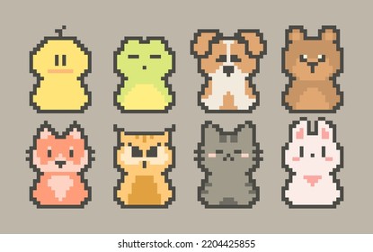 Vector pixel art animal series collection. Icons and stickers 8 bit style set of duck, frog, dog, bear, fox, owl, cat, rabbit.