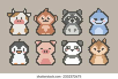 Vector pixel art animal series collection. Icons and stickers 8 bit style set of cow, monkey, raccoon, shark, penguin, pig, panda, squirrel.