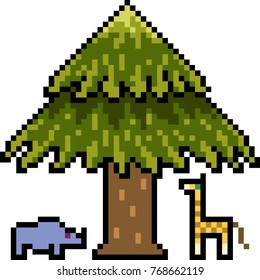 Vector Pixel Art Animal Under Tree Isolated