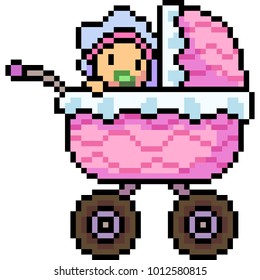 vector pixel art baby Stroller isolated