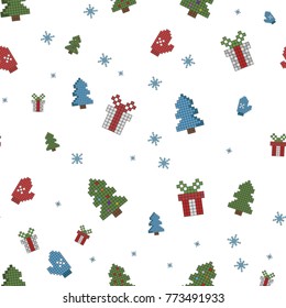 Vector pixel art background pattern with Christmas tree, snowflake, mitten, and New Year's gift.
