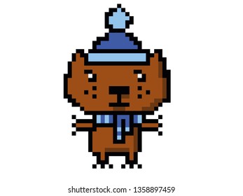 vector pixel art bear character with scarf and cap