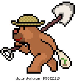 vector pixel art bear farmer isolated cartoon