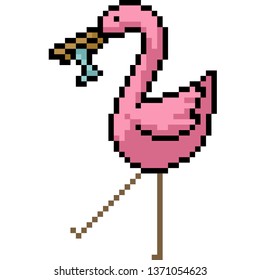 vector pixel art bird eat fish isolated cartoon