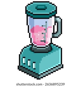 Vector pixel art or blender juicer in green color with pink strawberry juice inside for game, icon, element, game