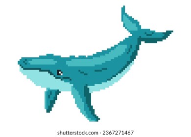 Vector pixel art blue whale icon isolated on white background. Old 8 bit game style element.