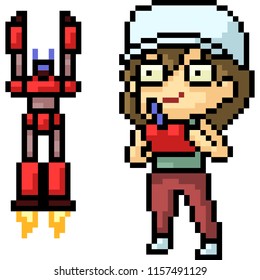 vector pixel art boy play toy isolated cartoon
