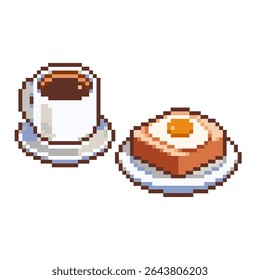 Vector pixel art of breakfast set of black coffee and egg toast in a small plates for morning breakfast before work for game, sticker, icon, element
