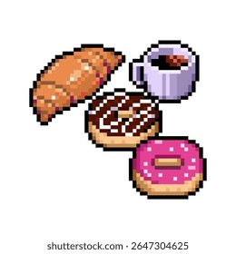 Vetor pixel arte do café da manhã conjunto de croissant, rosquinhas, café para tirar depois de comprado na cafeteria