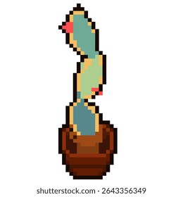 Vector pixel art of bunny ear cactus succulent in a flower pot with blooming flower for sticker, icon, element