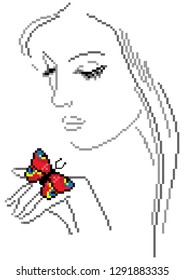 Vector pixel art. Butterfly on girl's hand