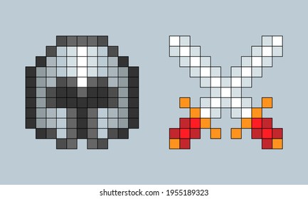 Vector pixel art cartoon crossed swords and helm isolated elements on gray