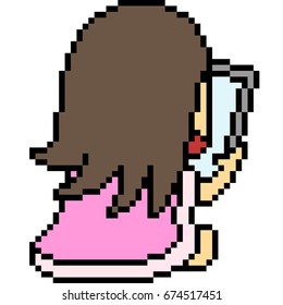 vector pixel art cartoon girl play computer isolated