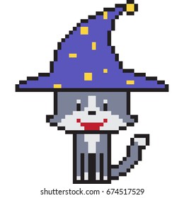 vector pixel art cartoon witch cat isolated