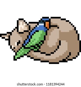 vector pixel art cat bird isolated cartoon
