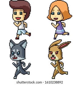 vector pixel art character jogging isolated set