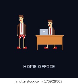 Vector pixel art character - young male worker at home, wering office suit and tie with underpants and slippers. isolation, freelance work. cartoon 8 bit illustration isolated