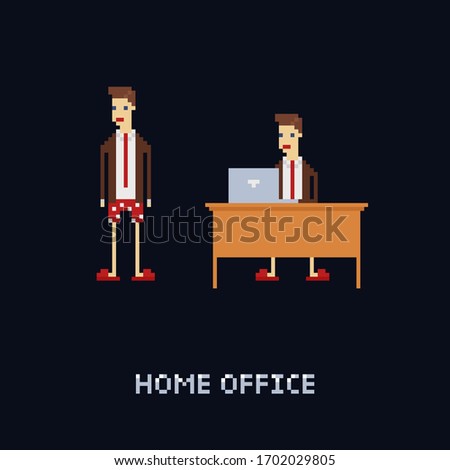 Vector pixel art character - young male worker at home, wering office suit and tie with underpants and slippers. isolation, freelance work. cartoon 8 bit illustration isolated