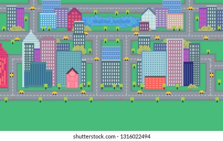 Vector pixel art city background. Architecture background with skyscrapers and road.